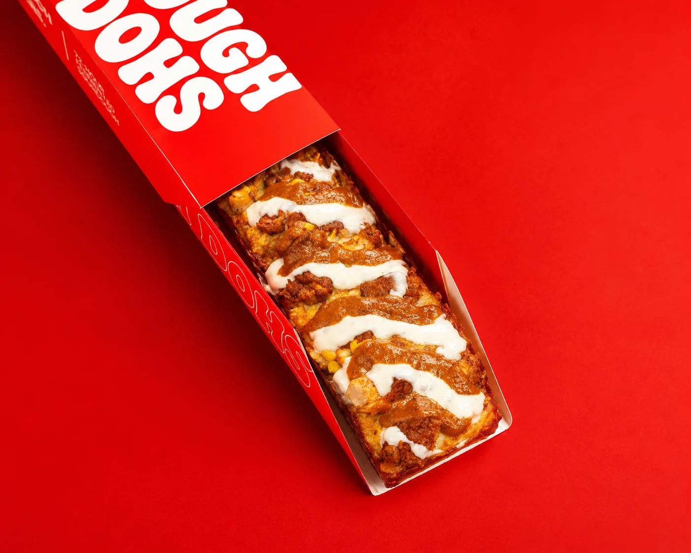 Dough Dohs Detroit-style pizza in a red branded box